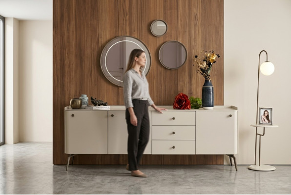 Luxury white shaped dining buffet, elegant buffet