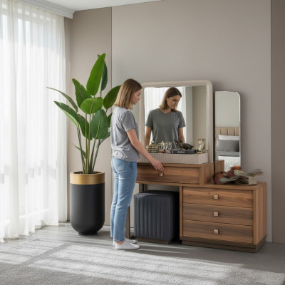 Brown Vanity Table Luxurious Wood Dressing Table Modern Makeup Table