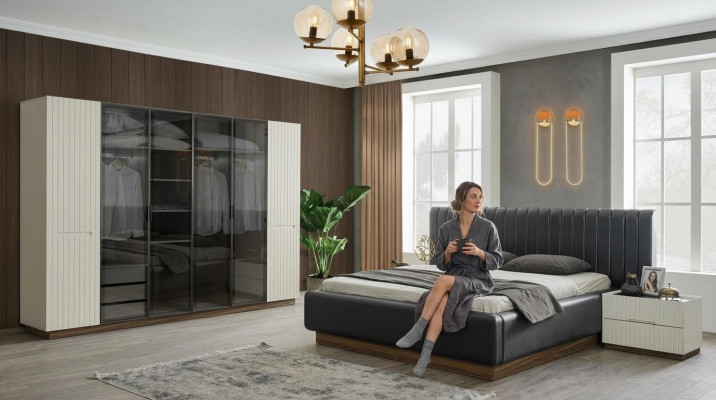 Stylish bedroom designer set textile double bed noble wardrobe