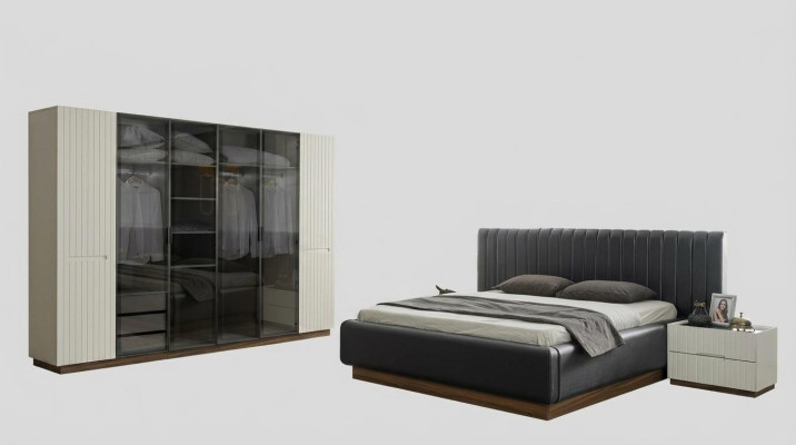 Stylish bedroom designer set textile double bed noble wardrobe