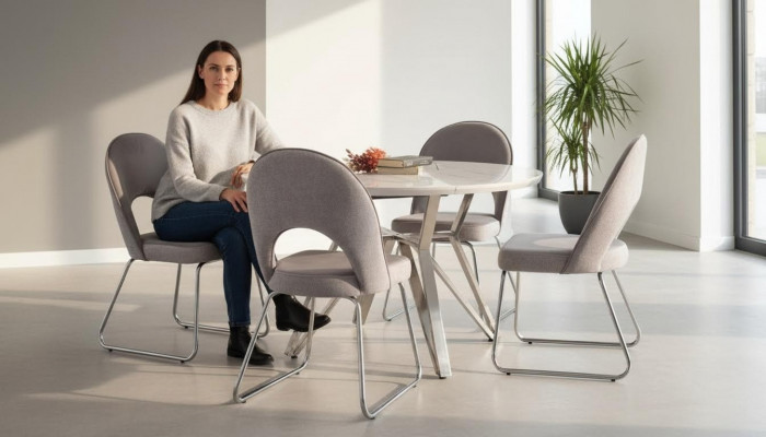 Luxury dining room set, dining table, 4x chairs, wooden chair, fabric dining group, new ensemble