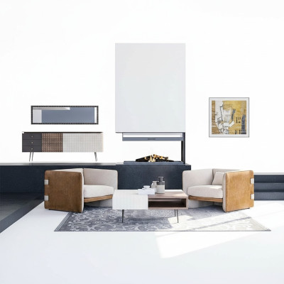 Living room set 3-piece, 2x beige armchairs, upholstered furniture, luxury wood coffee table