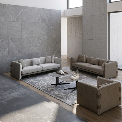 Gray Living Room Set 7-piece Modern 2x Sofas Three-Seater Upholstered Furniture Armchair New