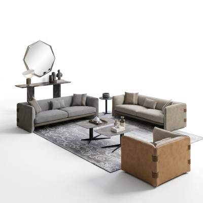 Gray Living Room Set 7-piece Modern 2x Sofas Three-Seater Upholstered Furniture Armchair New