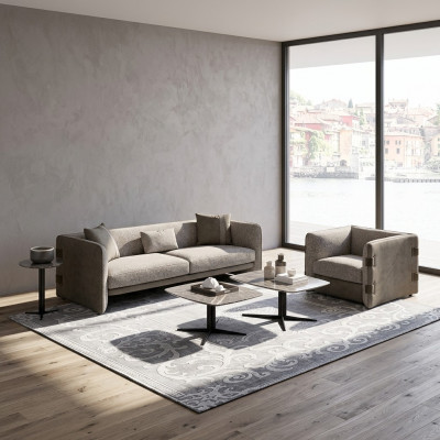 Complete set 6-piece three-seater sofa new armchair 2x coffee table wood 2x side table