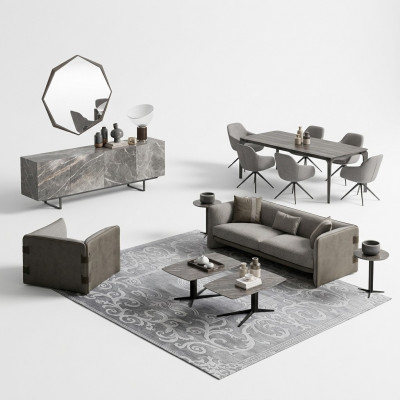 Complete set 6-piece three-seater sofa new armchair 2x coffee table wood 2x side table