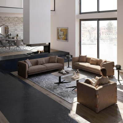 Living room 7-piece set brown 2x sofas modern armchair with coffee table luxury furnishing