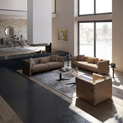 Living room 7-piece set brown 2x sofas modern armchair with coffee table luxury furnishing