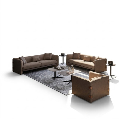 Living room 7-piece set brown 2x sofas modern armchair with coffee table luxury furnishing
