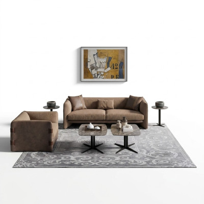 Complete furniture set, 6 pieces: Modern three-seater sofa, luxury armchair, wood, 2x coffee table.