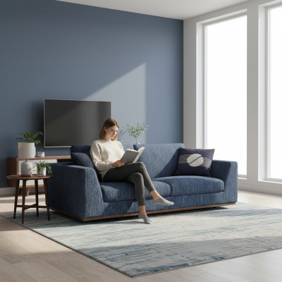 Living room blue two-seater sofa couch modern design fabric sofa textile