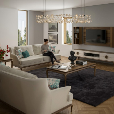 Modern Complete 2x Three-Seater Sofa White Textile Living Room Design Sofas Couch