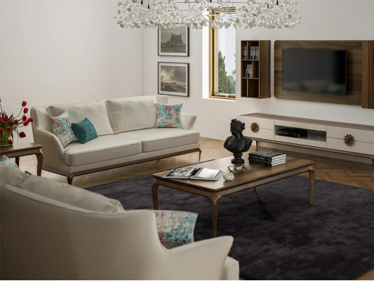 Modern Complete 2x Three-Seater Sofa White Textile Living Room Design Sofas Couch