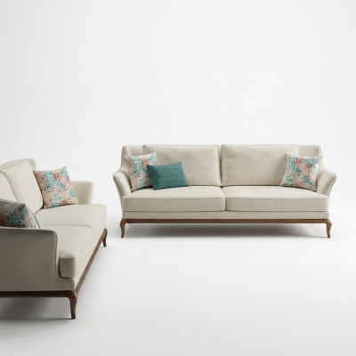 Modern Complete 2x Three-Seater Sofa White Textile Living Room Design Sofas Couch