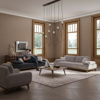 Living room set grey sofa two-seater with three-seater textile design coffee table