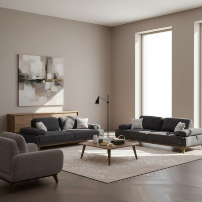 Living room set grey sofa two-seater with three-seater textile design coffee table