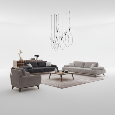 Living room set grey sofa two-seater with three-seater textile design coffee table