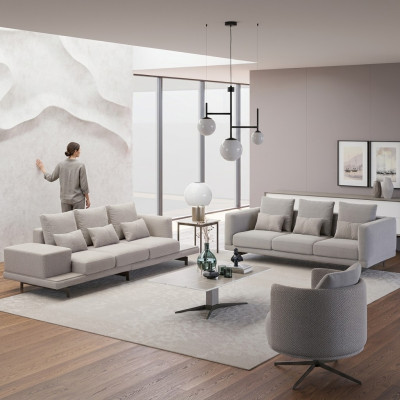 Living room complete: 2x three-seater sofas, fabric upholstered furniture, new armchair, coffee table.