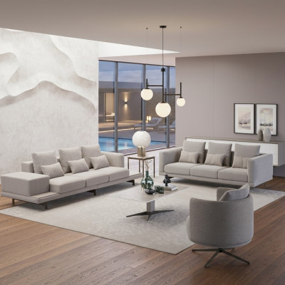 Living room complete: 2x three-seater sofas, fabric upholstered furniture, new armchair, coffee table.