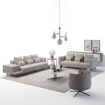 Living room complete: 2x three-seater sofas, fabric upholstered furniture, new armchair, coffee table.