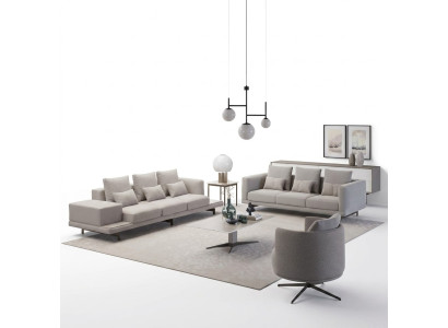 Living room complete: 2x three-seater sofas, fabric upholstered furniture, new armchair, coffee table.