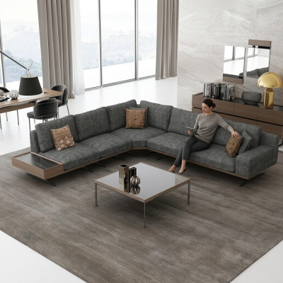 Gray Sofa L-Shape Living Room Set 2 Piece Coffee Table Corner Sofa Luxury Upholstered Furniture