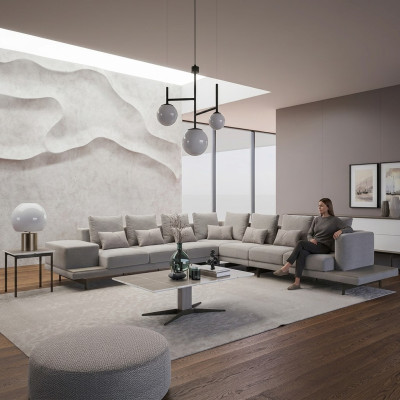 Living room gray upholstered corner sofa L-shape design coffee table side table