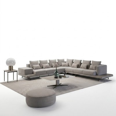 Living room gray upholstered corner sofa L-shape design coffee table side table