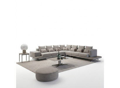 Living room gray upholstered corner sofa L-shape design coffee table side table
