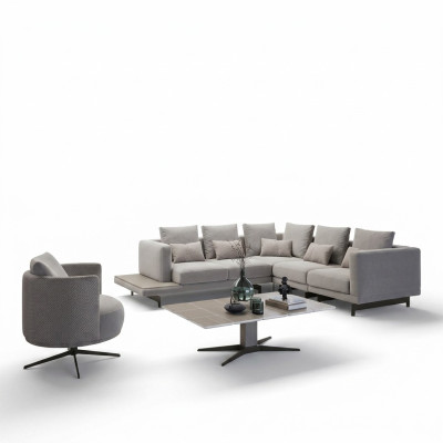 Upholstered Furniture Luxury Corner Sofa L-Shaped Living Room Gray Sofa Couch Coffee Table