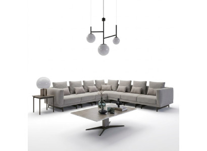 Living room gray sofa couch upholstered furniture new wood coffee table