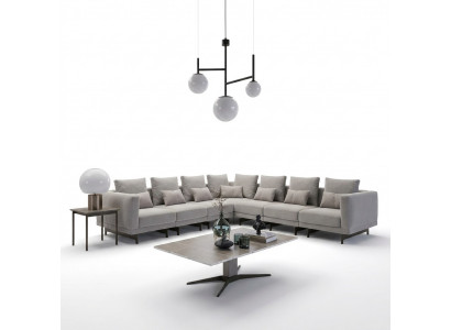 Living room gray sofa couch upholstered furniture new wood coffee table