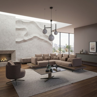Living room designer furniture luxury suite corner sofa L-shape furnishing coffee table