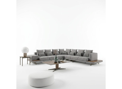 Living Room Set 3-piece Gray Corner Sofa L-Shape Wood Coffee Table Designer Side Table