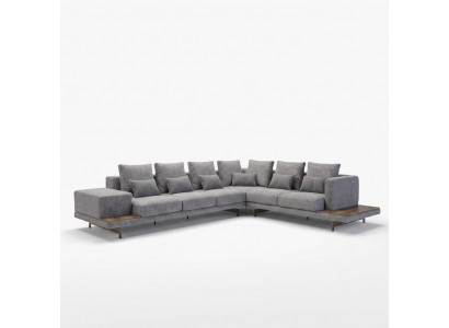 Luxury gray upholstered corner sofa, wood coffee table with side table living room