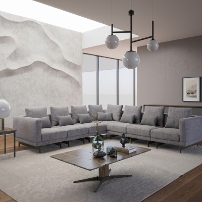New Complete Furniture Corner Sofa L-Shape Textile Furniture Living Room Wood Coffee Table
