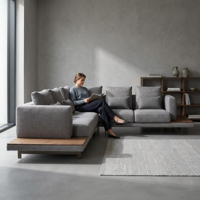 Living room gray fabric sofa couch L-shape designer luxury upholstered sofa