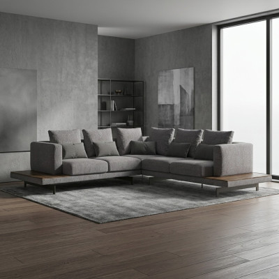 Living room gray fabric sofa couch L-shape designer luxury upholstered sofa