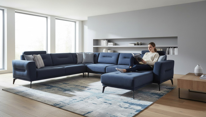 Luxury Modern Design Living Room U-Shape Corner Sofa Solid Dark Blue Sofa