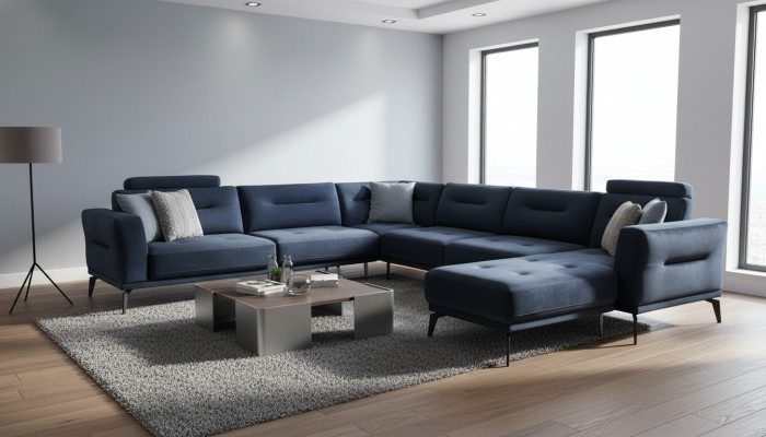 Luxury Modern Design Living Room U-Shape Corner Sofa Solid Dark Blue Sofa