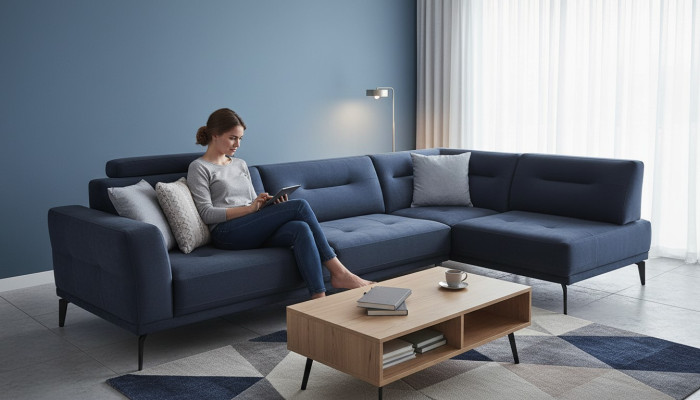 Corner set living room dark blue L-shaped fabric sofa modern design