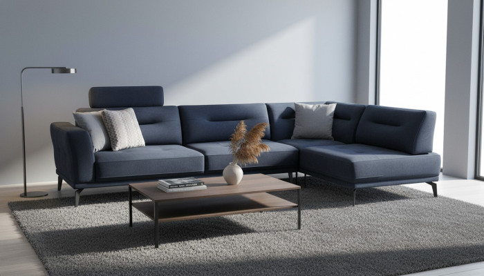 Corner set living room dark blue L-shaped fabric sofa modern design