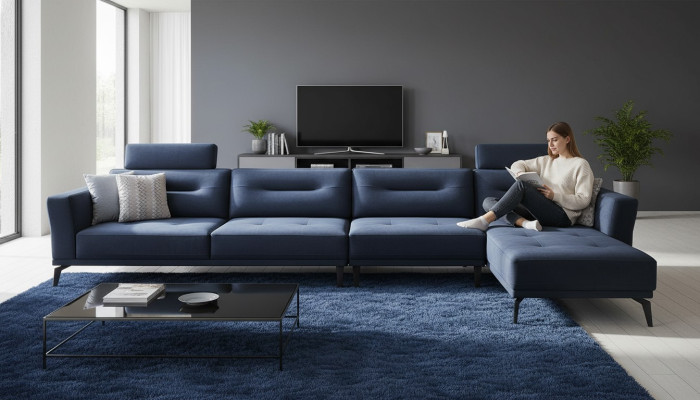 Massive living room L-shaped dark blue corner sofa modern luxury design