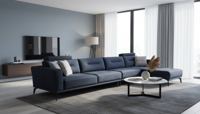 Massive living room L-shaped dark blue corner sofa modern luxury design