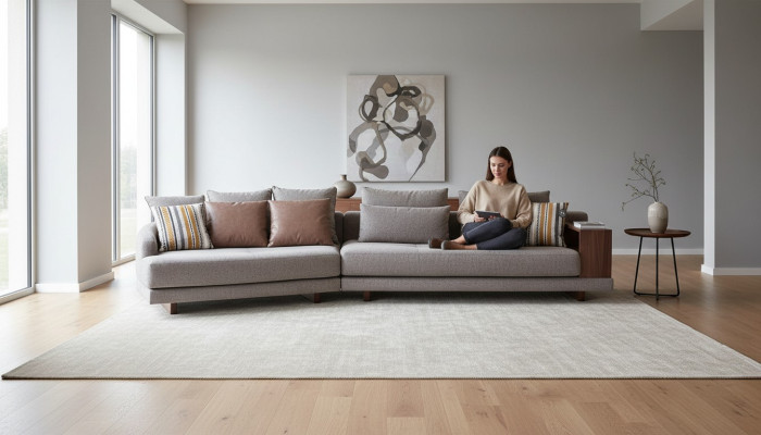 5-seater solid living room fabric sofa gray elegant modern design