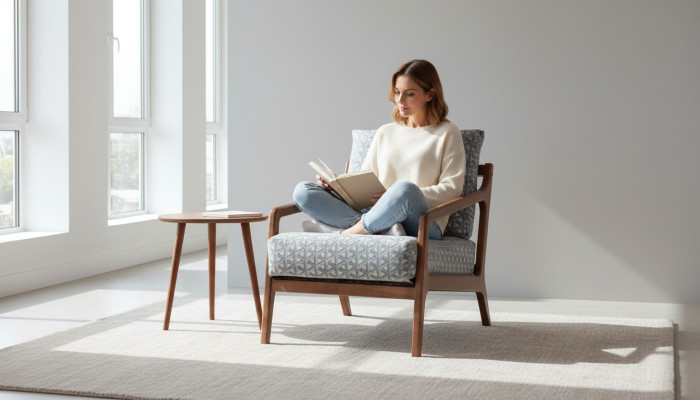 Living room white wood frame armchair Roubster fabric stylish single-seater