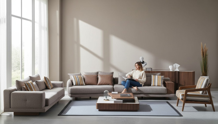 Gray living room sofas fabric sofas designer armchair wood coffee table 5-piece set.