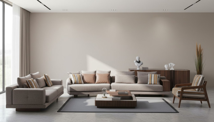 Gray living room sofas fabric sofas designer armchair wood coffee table 5-piece set.