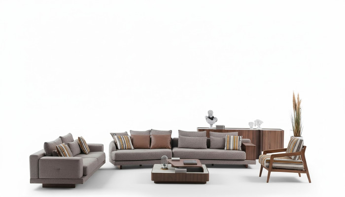 Gray living room sofas fabric sofas designer armchair wood coffee table 5-piece set.