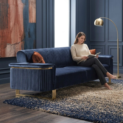 Blue living room 3-seater luxurious fabric sofa elegant upholstered furniture